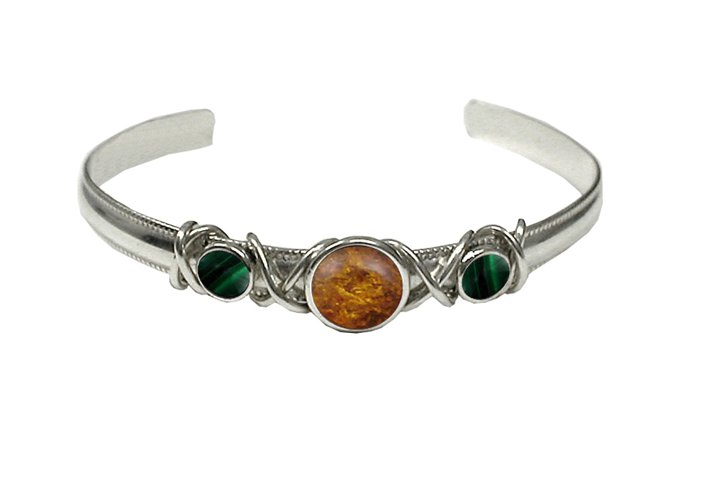 Sterling Silver Hand Made Cuff Bracelet With Amber And Malachite